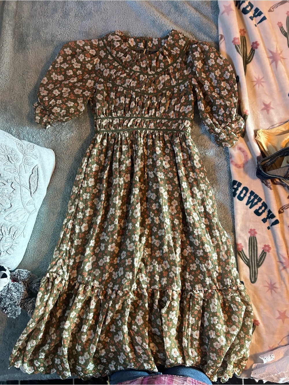 Tecovas Floral Ruffle Midi Dress in Olive Green
